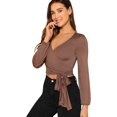 thumbnail image 1 of Camiseta corta de manga larga con cuello en V profundo y nudo frontal para mujer Marrón G Marrón G Xishao ropa, 1 of 2