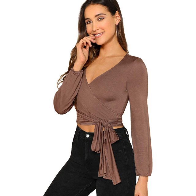 Camiseta corta de manga larga con cuello en V profundo y nudo frontal para mujer Marrón G Marrón G Xishao ropa
