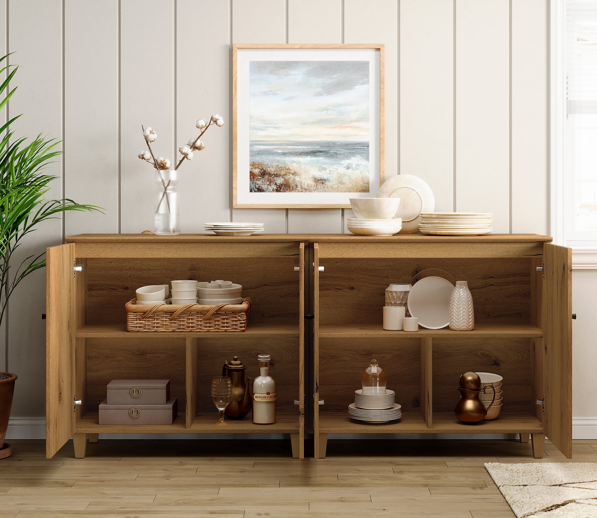 Sideboard Buffet Cabinet with 6 Compartments, 71" Wide, Oak Brown Wood Finish