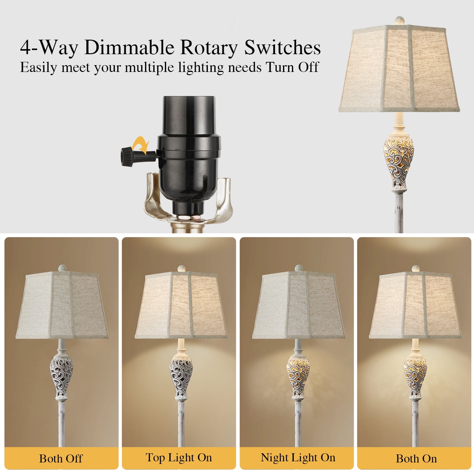 RORIA 65" Living Room Floor Lamp with Night Light, Openwork Resin Vintage Farmhouse Standing Lamp with Octagonal Linen Shade, Suitable for Bedrooms and Offices (Beige)