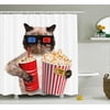 Movie Theater Decor Shower Curtain, Cat with Popcorn and Drink Watching Movie Glasses Entertainment Cinema, Fabric Bathroom Set with Hooks, 69W X 84L Inches Extra Long, Multicolor, by Ambesonne