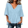 thumbnail image 2 of ClodeEU Women's Deep V Neck Ruffle Babydoll Blouse,Short Flare Sleeve Loose Peplum Tunic Top Sky Blue,Women's Plus XXL, 2 of 5