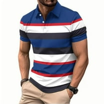 Maean Men Striped Shirts Collared Golf Shirt Short Sleeve Buttons Neck Loose Tee 2025 Summer Tops