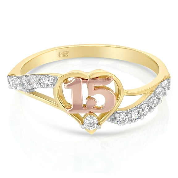 Ioka - 14K Two Tone Solid Gold 15 Years Birthday CZ Heart Quinceanera Ring - Size 7