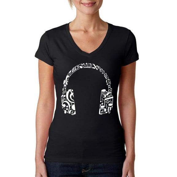 LA Pop Art Women's Word Art V-Neck T-Shirt - Music Note Headphones
