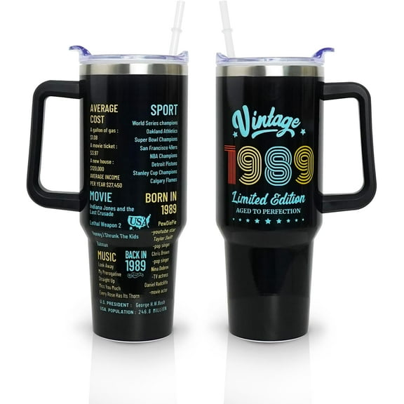 Happy 35th Birthday Gifts for Men, 40 oz Tumbler with Handle and Straw Lid, 35 Years Old Gifts Idea for Her, Thirty-five Birthday Present Back in 1989 Tumbler Cup(White)