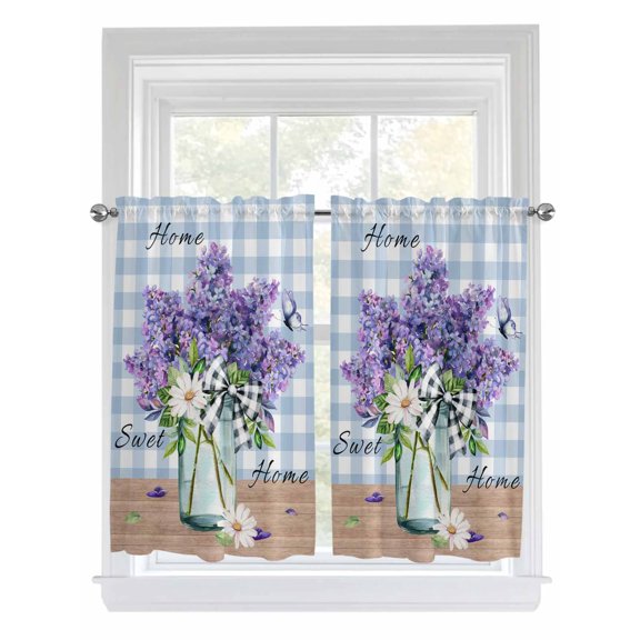 Purple Lavender Bathroom Window Curtain, Spring Daisy Butterfly Plants Watercolor Blue Light Filtering Coffee Kitchen Curtains, Bedroom Living Room Curtains 2 Panel 84"x45"