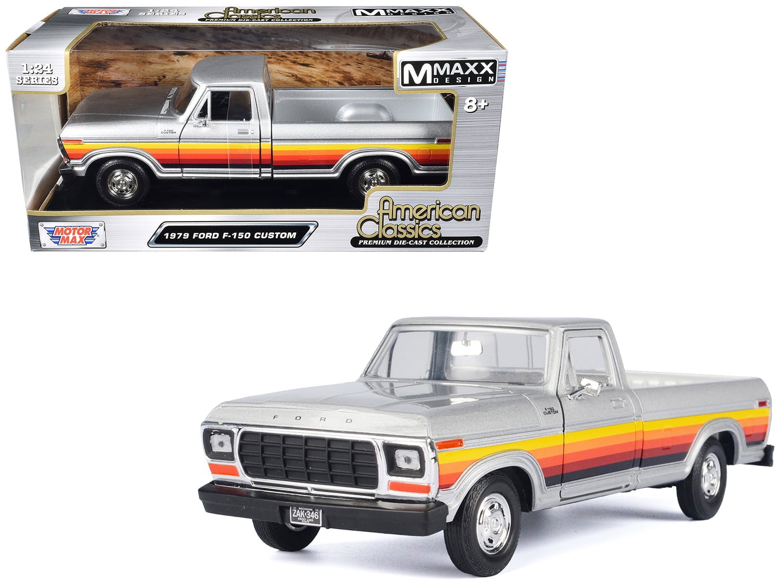 Motormax 79346SIL 1979 Ford F-150 Custom Pickup Truck Silver Metallic with Side Stripes American Classics Series 1-24 Scale Diecast Model Car