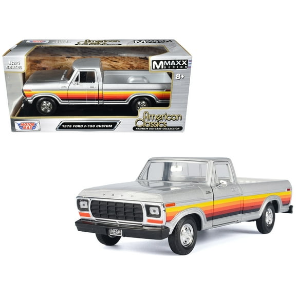1979 Ford F-150 Custom Pickup Truck Silver Metallic with Stripes "American Classics" Series 1/24 Diecast Model Car by Motormax