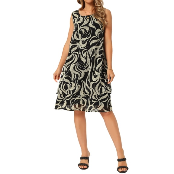 INSPIRE CHIC Women's Chiffon Dresses Sleeveless Floral Print Crewneck Tiered Layered Flowy Dress Party Wedding Outfits S Black