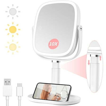 Lighted Makeup Mirror, 2600mAh Rechargeable 1x/10x Magnifying Vanity Mirror, 8.5" Height Adjustable Makeup Mirror with Lights 3 Color, 360° Rotation 2-Sided Light up Large Desk Mirror