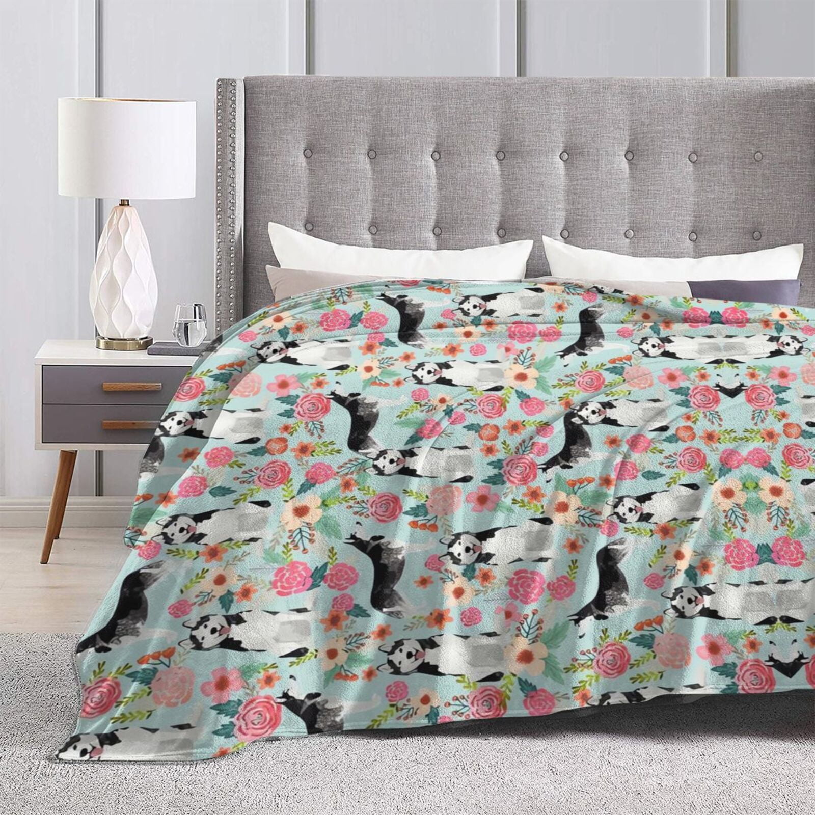 Wijzvio Husky Dogs Puppy Flower Floral Throw Blanket Soft Fuzzy Fleece Blanket For Couch Bed Living Room Decoration 50"X40"