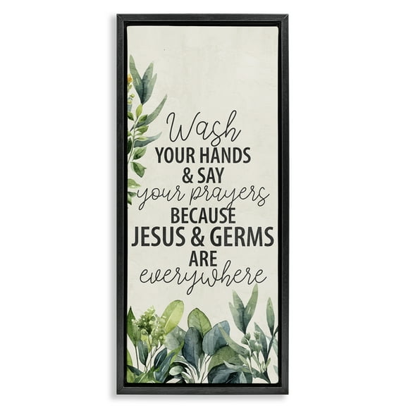 Stupell Industries Jesus & Germs Hygiene Bath & Laundry Painting Black Floater Framed Canvas Art Print Wall Art, 11 x 25