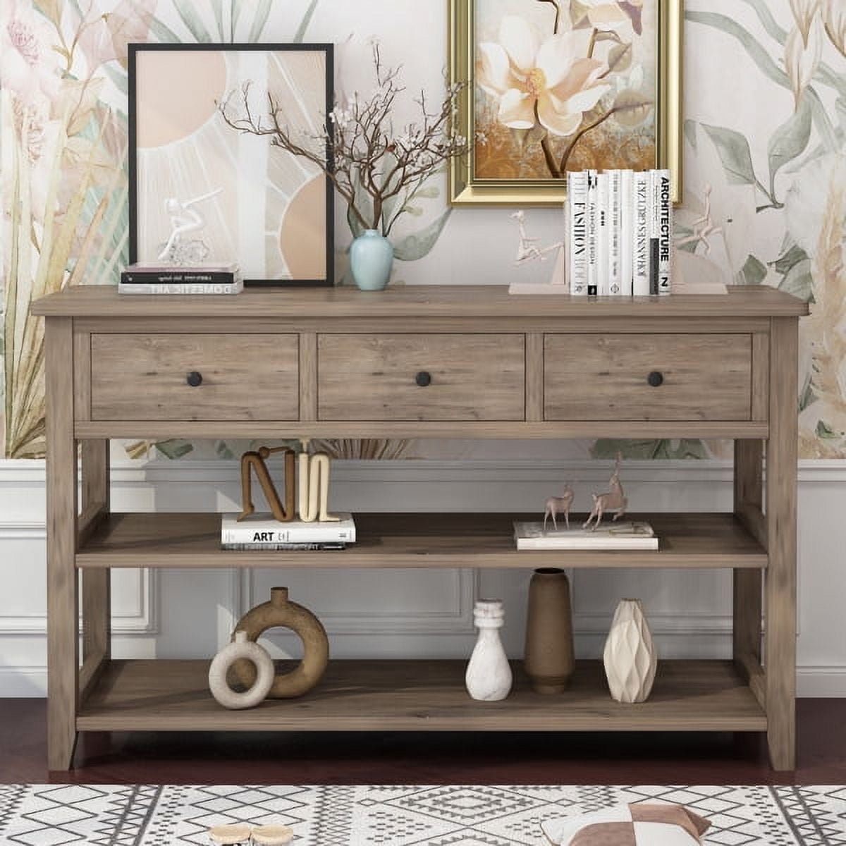 Farmhouse Vintage Console Table, 47.2" Wash Gray Sofa Table with 4 Drawers & Open Shelf, 200lb Capacity for Entryway, Living Room, Bedroom