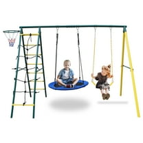 iYofe Swing Set for Backyard Outside, Metal Swing Sets with Ladder/Basketball Hoop, Monkey Bar Swing, Play Set Swings, Disc Swing, Saucer Swing, Playset Swing for Ages 3-8