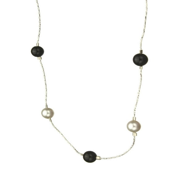 Sterling Silver Chain Necklace, Simulated Pearls Made with Swarovski Crystals, Onyx Stone Beads, 18"