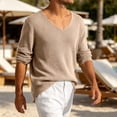 thumbnail image 2 of HAOTAGS Men’s V-Neck Long Sleeve Knit Sweater Casual Loose Fit Lightweight Ribbed Pullover Tops Khaki Size L, 2 of 10