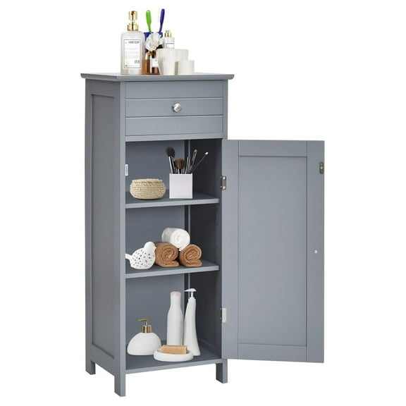Small Bathroom Storage Cabinet, Narrow Storage Organizer with Drawer & Single Door, Adjustable Shelves, Freestanding Slim Cabinet for Small Space, Bathroom & Living Room, Grey