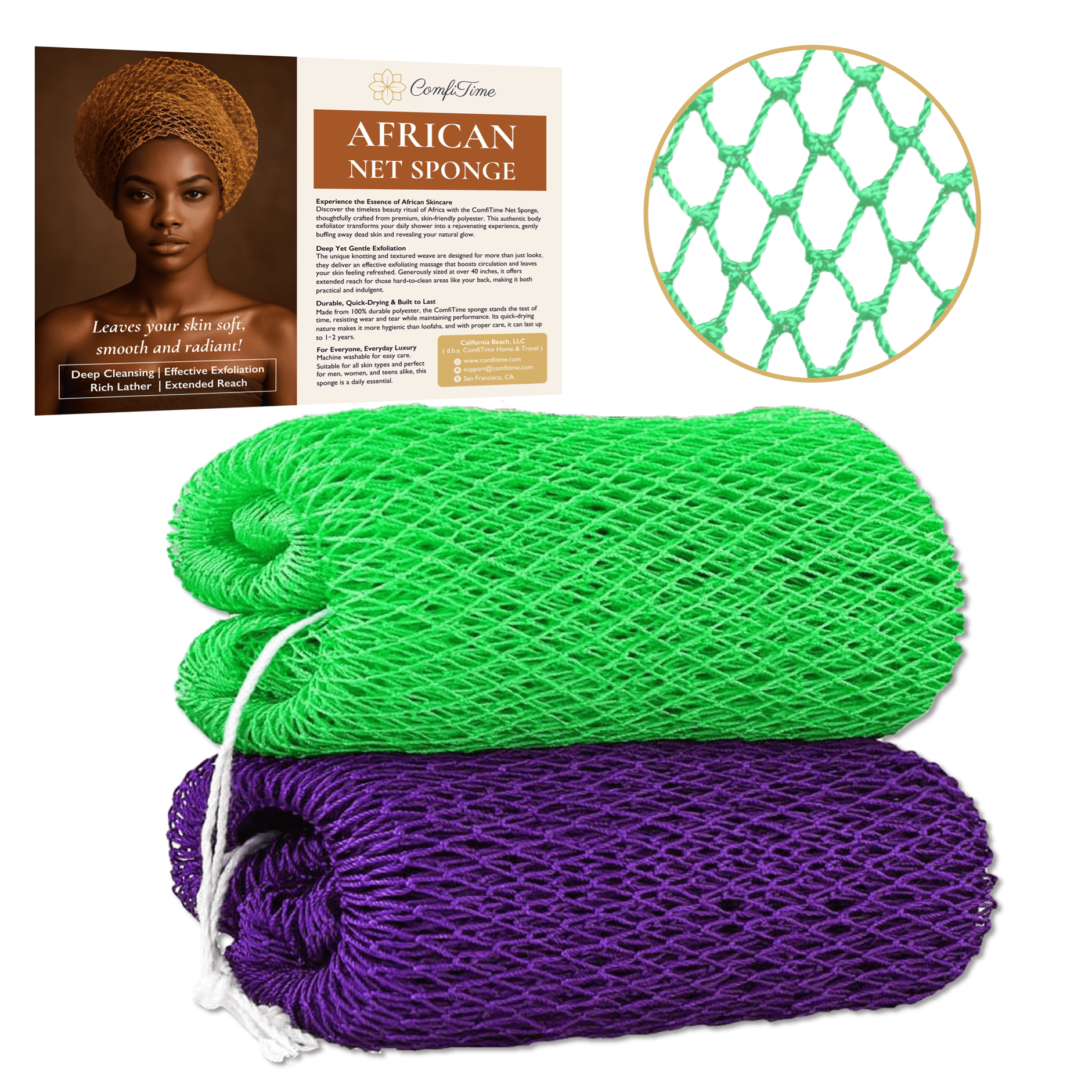 ComfiTime Authentic African Net Sponge – 2Pack Stretchable Exfoliating Body Scrubber with Knots, Extra-Long Back Exfoliator for Adults & Kids, Deep Cleansing & Quick-Drying Bath Sponge, Purple/Green