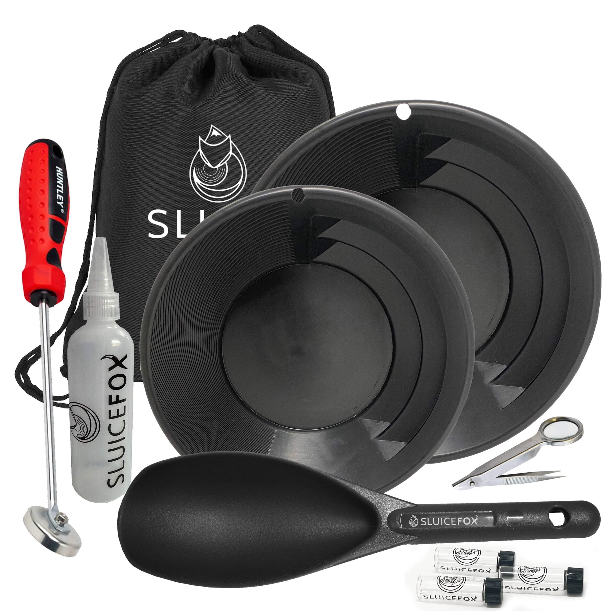 Sluice Fox Gold rush panning kit with backpack; 10-piece prospecting tools for adults and kids. Gold pan accessories; Black sand magnet plastic gold shovel snifter bottle tweezers and gold vials