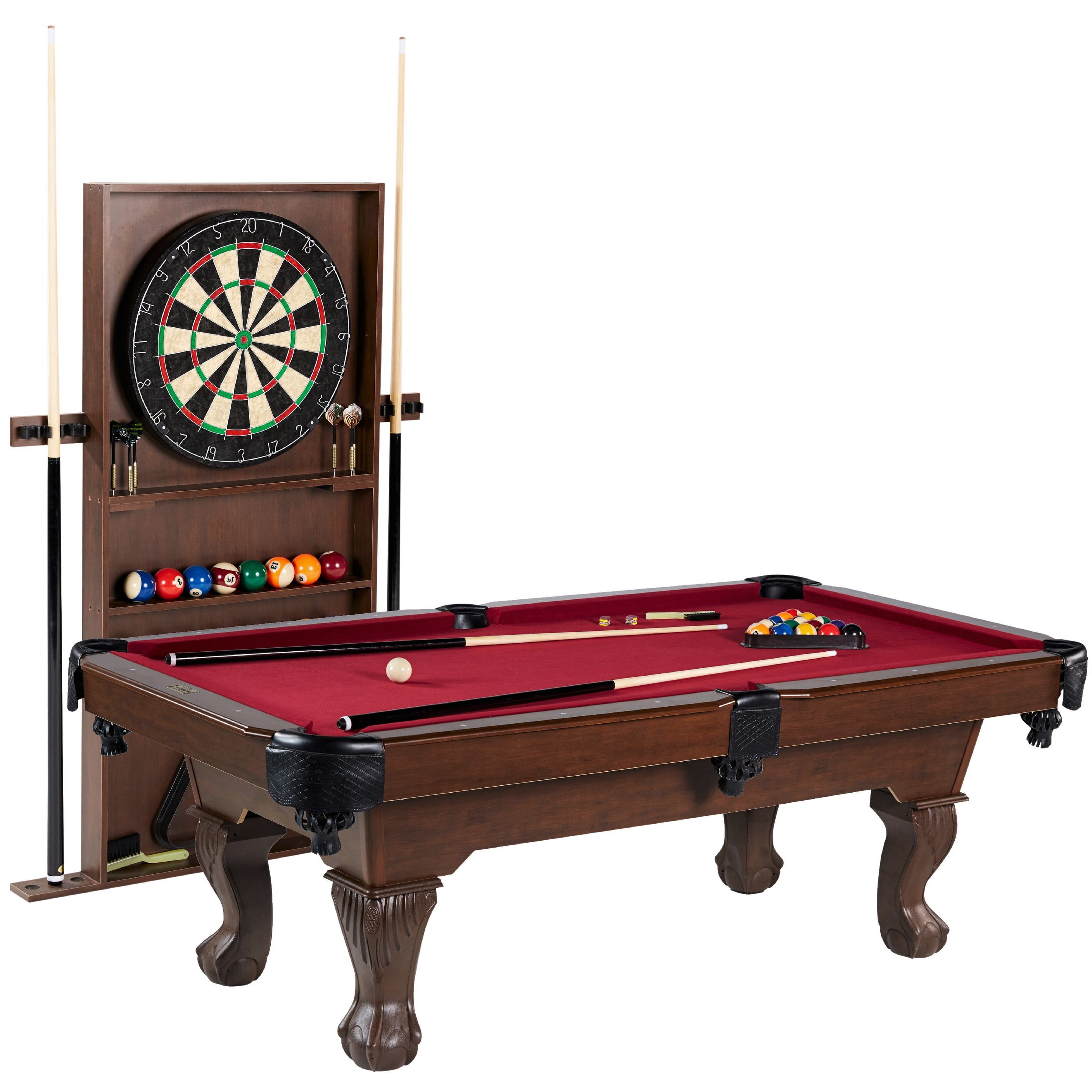 Barrington Billiards Ball and Claw Leg 90" Pool Table, Cue Rack, Dartboard, Burgundy