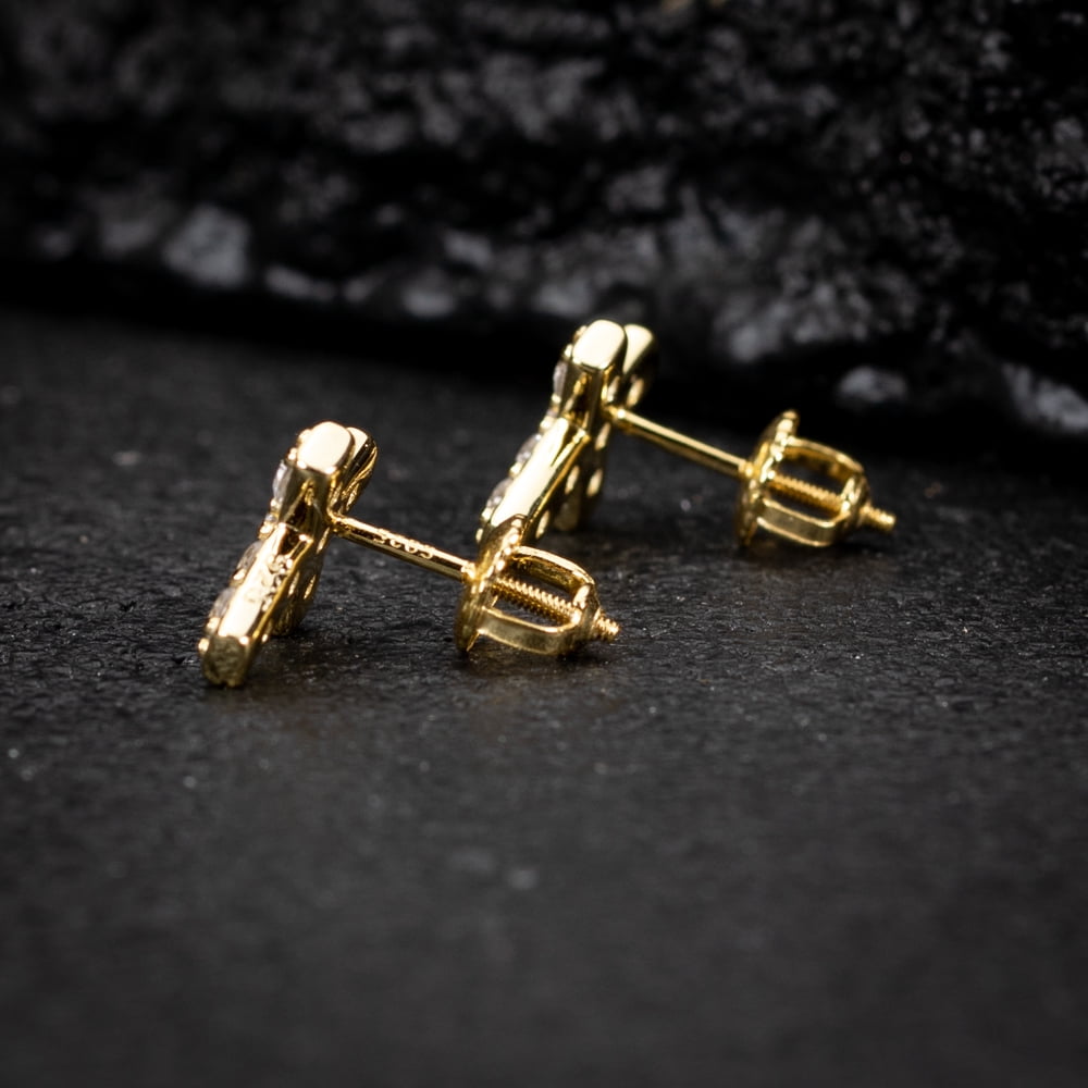 Small Mens Women's Prong Set Iced 5A Cz Hip Hop Yellow Gold 925 Sterling Silver Hypoallergenic Ice Out Cubic Zirconia Cross Screw Back Stud Earrings