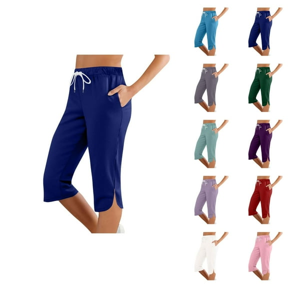 Capri Pants for Women 2025 Mid Elastic Waist Slim Fit Lightweight Casual Capris with Pockets Womens Cropped Pants