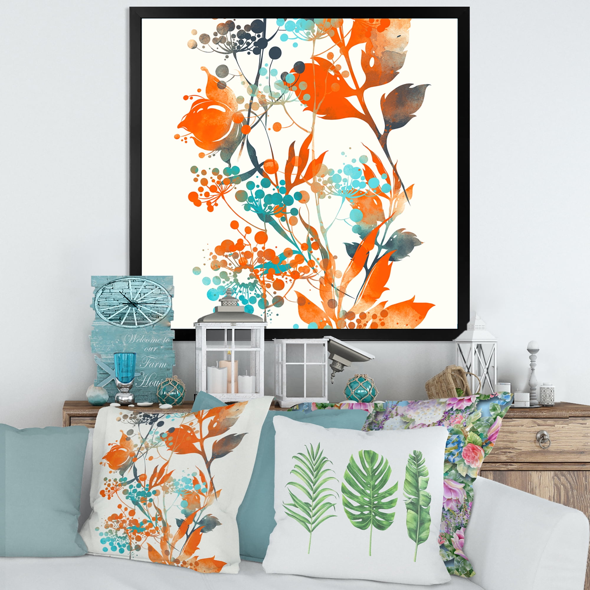 Designart 'Orange and Green Wildflowers III' Modern Framed Art Print