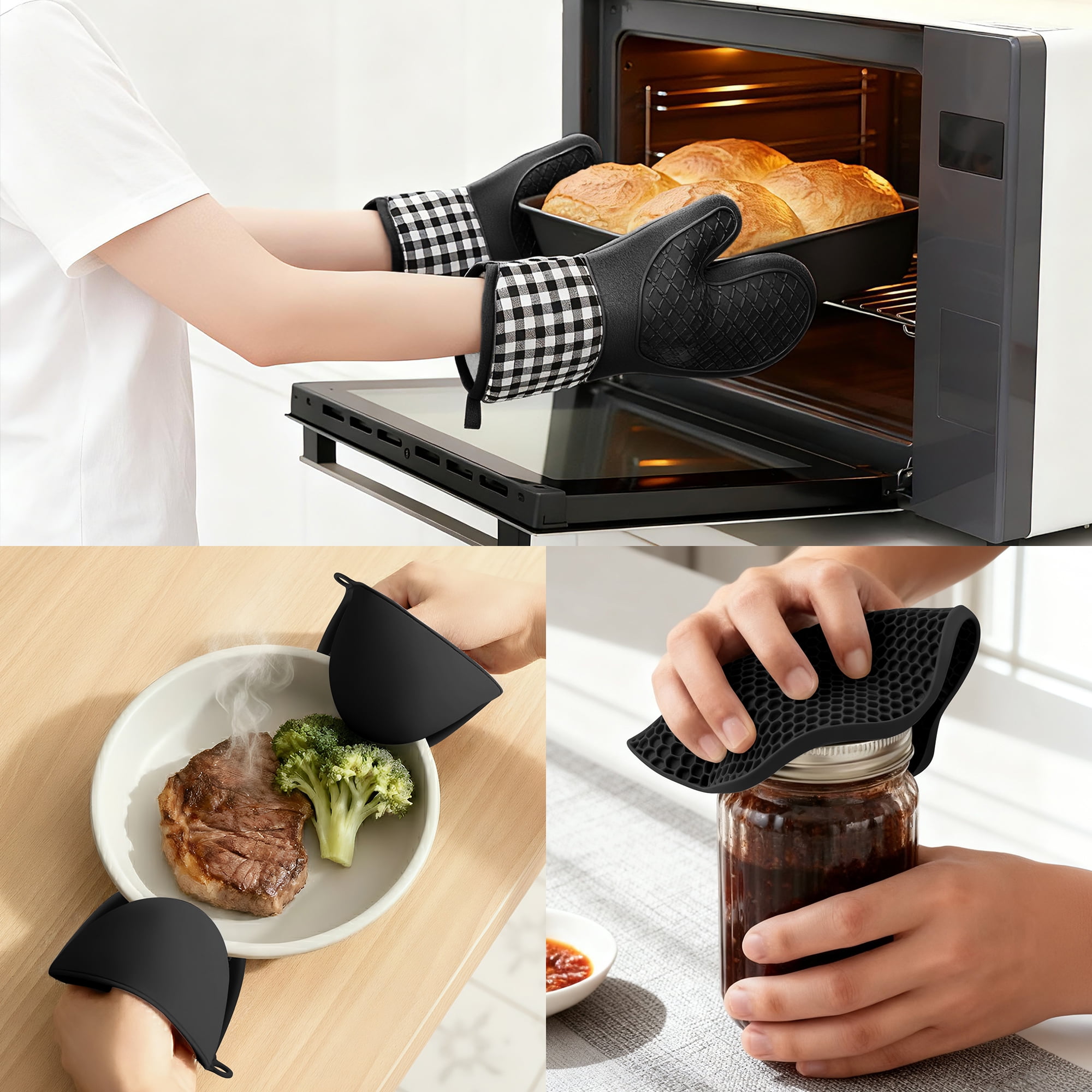 Unique Bargains Pot Holders Heat Resistant Kitchen Gloves Black 10.9x7.1inch
