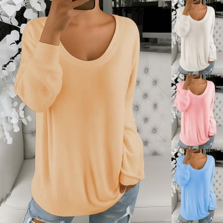 AGWOLF Long Sleeve Shirts for Women Loose Fit Crewneck Tops Oversized Lightweight Pullover Spring Solid Color Tunic Pink XXL