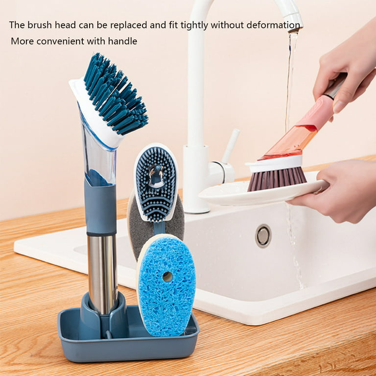 ITTAHO Dish Brush with Soap Dispenser & 3 Pack Dishwashing Sponge Refills  Non Scratch, Dish Cleaning Scrubber Set with Handle for Household Usage