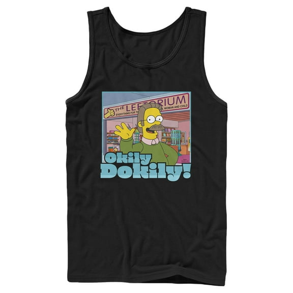 Men's The Simpsons Ned Flanders Leftorium Okily Dokily Tank Top Black 2X Large