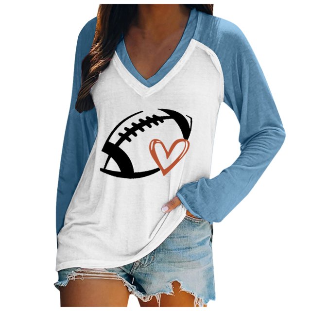 TSADFHJI Chandail en Molleton pour Femmes Coton Femmes Décontracté Léger Col Rond Chandails en Molleton Manches Longues Graphique Football Imprimé Chandail TTG Bleu Clair