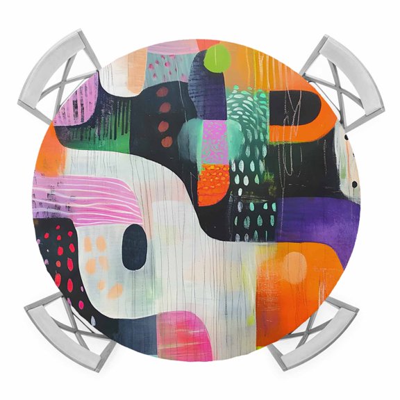 Colorful Geometric Round Tablecloth for 36-44 Inch Tables, Fitted Table Cover with Elastic Edge, Contemporary Abstract Artwork Waterproof Outdoor Table Cloth Protector for Patio Garden Dinner Picnic