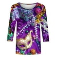 thumbnail image 4 of Cavosen Mardi Gras Womens T Shirts 3/4 Sleeve Carnival Shiny Mask Graphic Print Shirts Round Neck Party Holiday Tops Loose Stylish Festival Blouse Dressy Party Funny T-Shirt L, 4 of 5