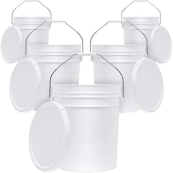 5-Gallon White Bucket Pail Container with Lid | Food Grade | Heavy-Duty 90MIL Extra Durable | Metal Handles with Plastic Grip for Easy Carrying | Multi-Use | Easy Stack and Store | BPA Free - 5 Pack