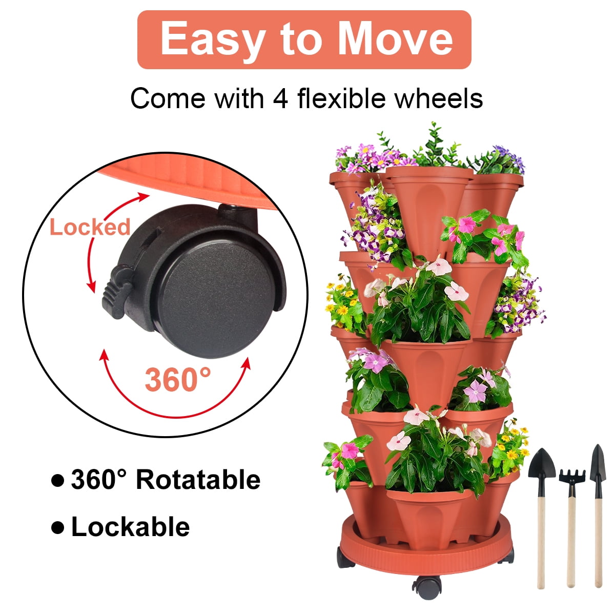 5-Tier Red PVC Stackable Plant Planter with Wheels for Strawberry, Herb, Flower, Vegetable Planter Indoor Outdoor(2 Count)