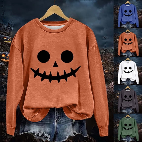 YVNAURA Women‘s Oversized Halloween Letter Print Sweatshirt Funny Graphic Crewneck Long Sleeve Pullover Round Neck Casual Spooky Season Fall Tops 1 Pack, Orange,L