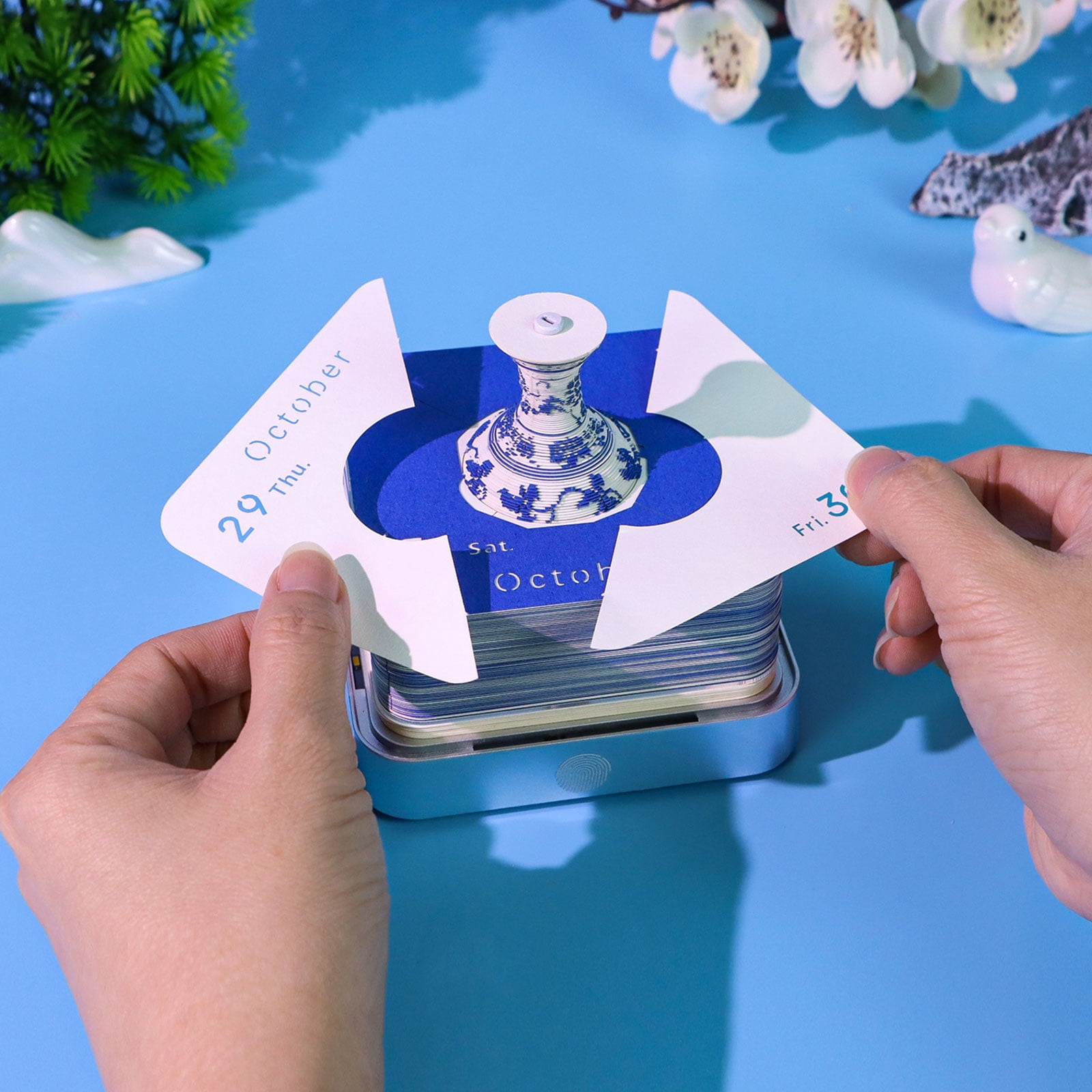 2026 3D Paper Sculpture Calendar Featuring traditional Blue And White Design Crafted For Study Area Table Display