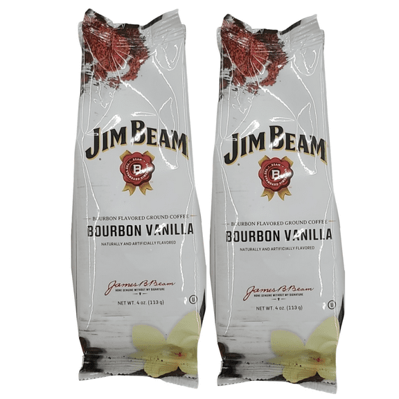 Jim Beam Bourbon Vanilla Flavored Ground Coffee, 4oz Bag 100% Arabica Sweet Creamy Vanilla Smoky Bourbon-Flavored Coffee - Pack of 2