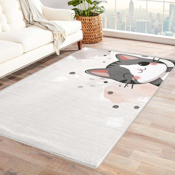 Cat Rug for Girls Bedroom - 4x6 Rug - Cat Rug - Cute Cartoon Kitten Area Rug - Girls Kids Pet Animal Rugs - Beige Carpet