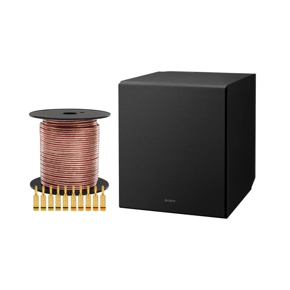 Sony SA-CS9M2 10-inch Black Powered Active Subwoofer Bundle with 100ft of 16-AWG Speaker Wire and 24K Gold-plated Banana Plugs