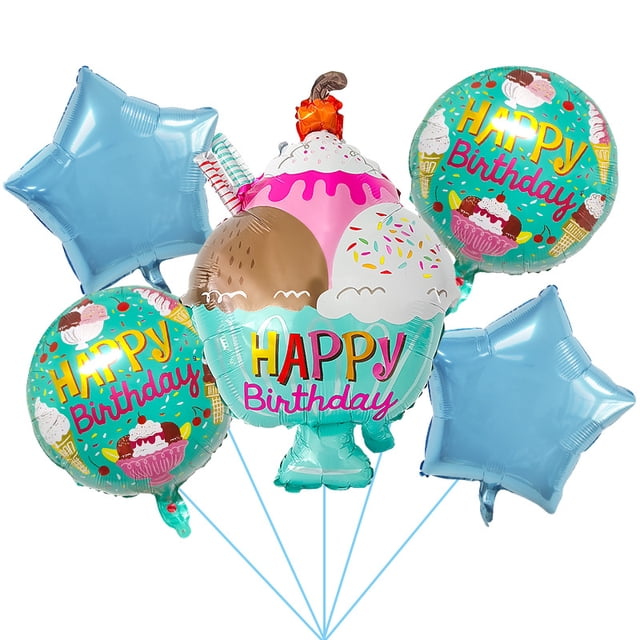 Set de globos, helado y lámina con forma de estrella, feliz cumpleaños, 5 unidades
