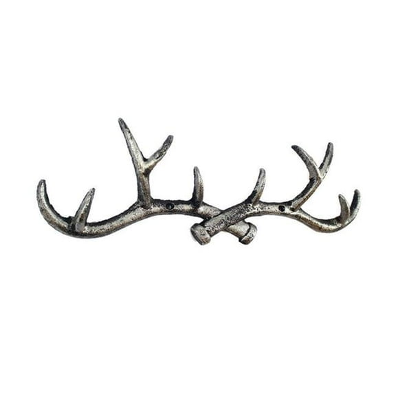 Handcrafted Model Ships K-0962-Silver 15 in. Cast Iron Antler Wall Hooks, Rustic Silver