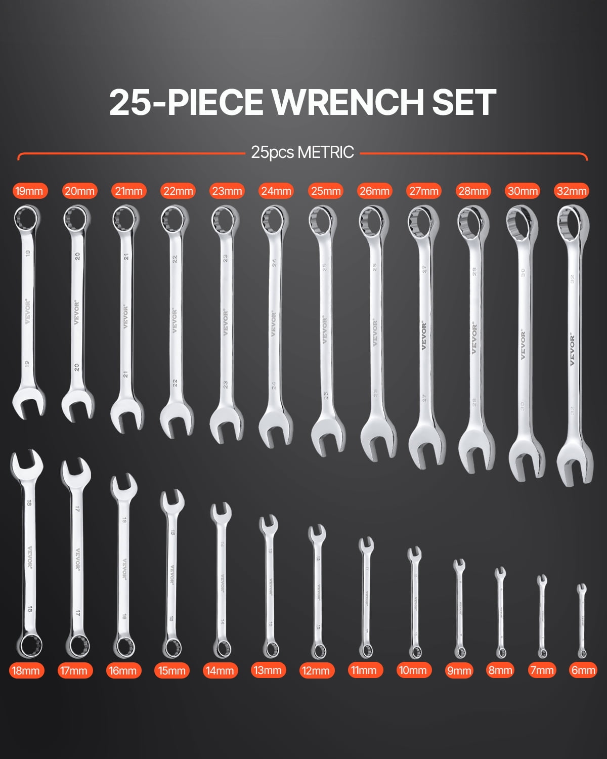 VEVOR Combination Wrench Set, 25-Piece Open End Wrench Set with Roll-up Pouch, Carbon Steel Wrench Set Metric 6 mm to 32 mm, Ideal for General Household, Garage, Workshop, Auto Repairs, Emergency