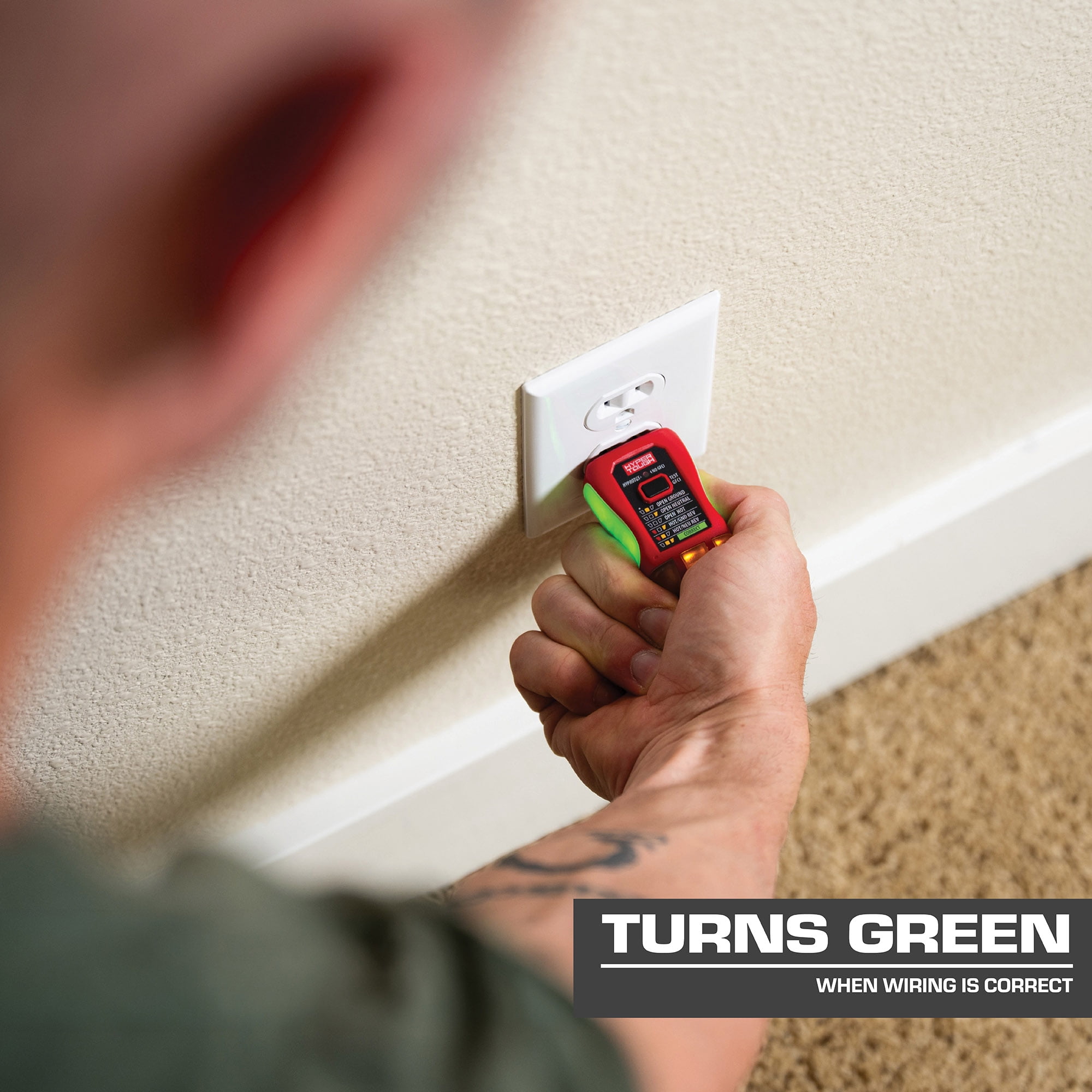 Hyper Tough GFCI & Outlet Tester, Easy-To-Read Sides That Turn Green When Correct, CAT II