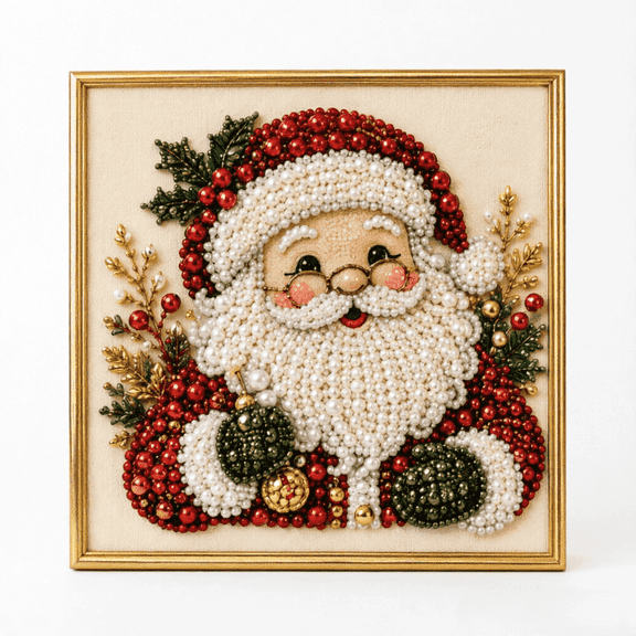 Christmas Diamond Painting, Peal Santa Bead Embroidery Set Framed Festive Holiday Home Decor Wall Art Tabletop Display Full Drill Beaded Santa