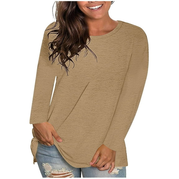 Women's Long Sleeves T-Shirts Fashion Solid Color Classic Crewneck Shirts Plus Size Loose Comfy Basic Blouse Tops Khaki Large