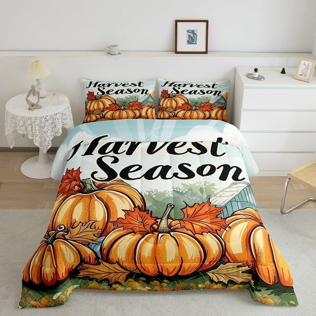 YST Ensemble de Couette Citrouille Dessin Animé Simple pour Enfants Garçons Filles Ensemble de Literie Feuille de Citrouille d'Automne, Saison des Récoltes Couette Rustique Ferme Ensemble de Courtepointe Vintage Lodge Cabane Courtepointe, Confortable 2 Pcs