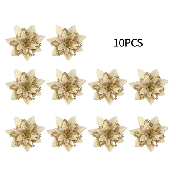 10Pcs Christmas Glitter Artificial Poinsettia Flowers Xmas Poinsettia Artificial Wedding Flowers Decorations Xmas Tree Ornaments for Party Favors, 5.6inch